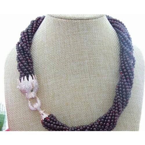 Beautiful!10Stres 4MM Round Garnet&Rhinestone Clasp Necklace 18"