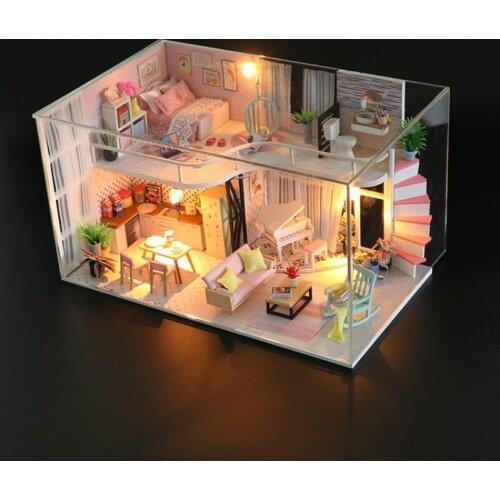 DIY creative assembly wood doll cabin model, birthday gift, Annas Pink melody house with dust cover