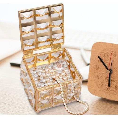 Mini Earring Ring Jewelry Storage Box Crystal Organize Holder with Cover Home Desktop Decoration
