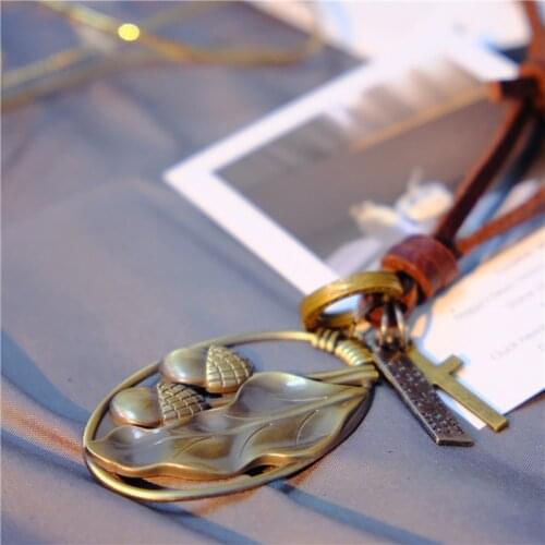 NIUYITID Fashion DIY Leaf Pendant Necklace Bronze Color Brown 100% Genuine Leather Adjustable Rope Chain Collares Drop Shipping