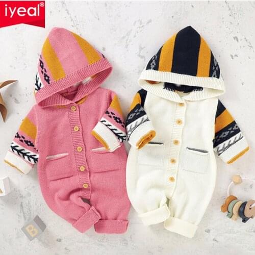 IYEAL Fashion Hooded Baby Knit Rompers For Toddler Boys Jumpsuit Girls Clothes Newborn Costumes Kids Overalls Infant Clothing