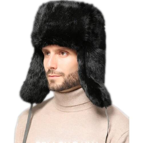 Men Winter Fur Bomber Hat Real Rabbit Fur Flying Cap Outdoor Warm Russian Hat Hand-made Fluffy Soft Black Brown Grey
