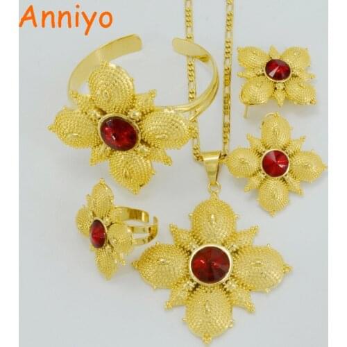 Anniyo Party Wedding Ethiopian Cross Jewelry sets Gold Color Fashion Stone Cross sets for African Traditional Festival #046702