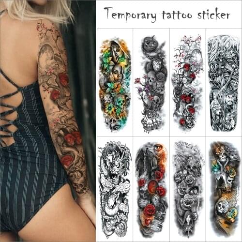 Full Arm Flower Tattoo Sticker skull eye tiger dragon Temporary tattoo sticker Body Painting Water Transfer Sleeve Fake Tattoo