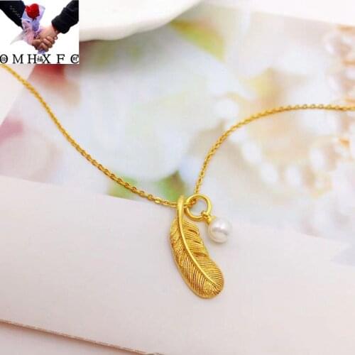 OMHXFC Jewelry Wholesale YM1918 European Fashion Woman Girl Party Birthday Wedding Gift Feather Pearl 24KT Gold Pendant Charm