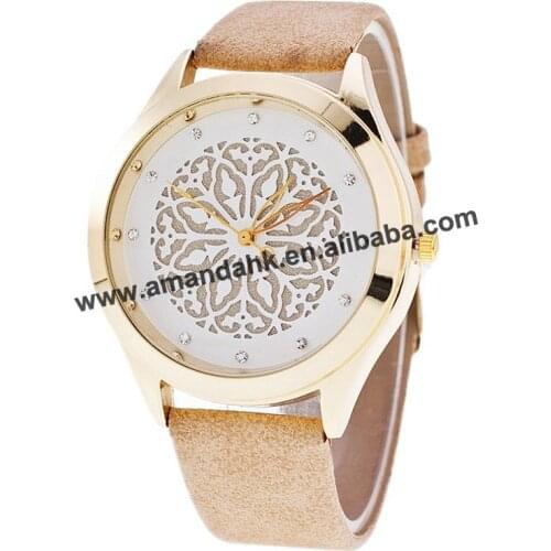Wholeslae Hollow Out Women Fashion Dress Watch Gold Case Flower Women Casual Watches Men Leather Quartz Dress Wrist Watch