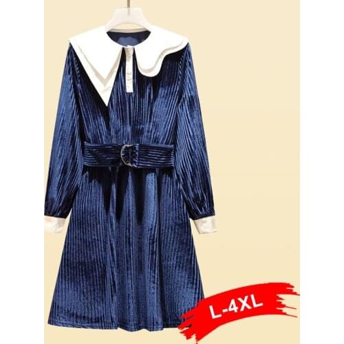 Peter Asymmetric Plus Size Pan Collar Striped Velvet A-line Dress with Belt 5xl Autumn Hit Color White Block Long Maxi Dresses