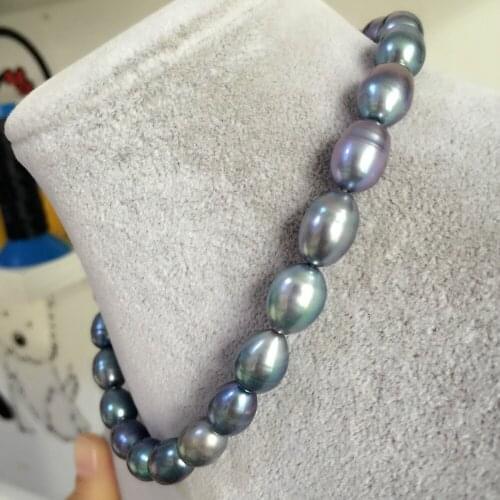 Stunning 13-14mm tahitian black green baroque pearl necklace18"