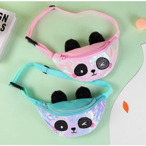 Kids Waist Bag Fanny Packs 2020 New Fashion Sequins Cartoon Panda Chest Pack Messenger Bag for Girls Light Green/Light Pink