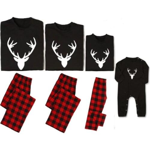 Christmas Family Matching Outfits For Adult Kids Baby Black Long sleeve Tops + Red Plaid Pants Elk Head print Autumn Homewear