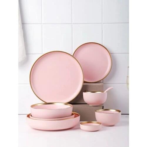 Pink Ceramic Gold Inlay Plate Steak Food Plate Nordic Style Tableware Bowl Ins Dinner Dish High End Porcelain Dinnerware Set