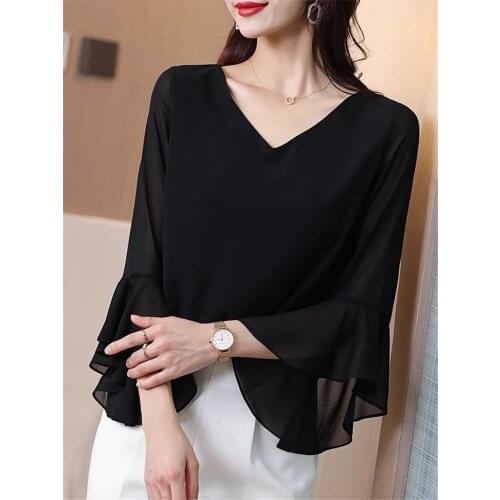 2021 Summer Casual V-Neck Chiffon Shirts Vintage Elegant Women Tops Plus Size Blouse M-6XL 7XL 8XL Office Lady Shirts