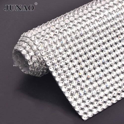 JUNAO 24*40cm Self Adhesive Clear Glass Rhinestone Mesh Fabric Glass Crystal Applique Sticker Strass Ribbon for Garment Shoes