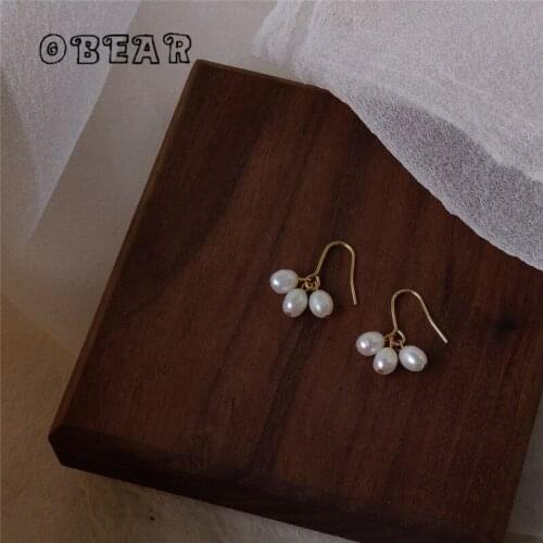 OBEAR 14k Real Gold Plated Korean Sweet Lovely Pearl Tassel Stud Earrings Women Temperament Small Fresh Jewelry