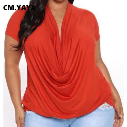 CM.YAYA Female Plus Size Tops Solid Short Sleeve V-neck Pullover Loose T-shirts Women Casual High Street Fashion Top Tee Summer