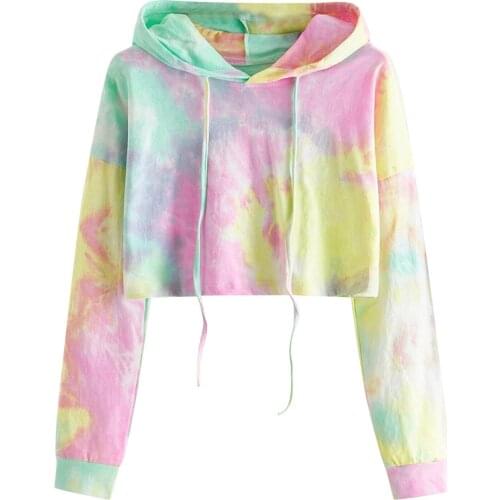 Hoodies For Teen Girls Autumn Gradient Tie Dye Long Sleeve Sweatshirts Kawaii Draw String Short Blouse Korean Round Neck Sweater