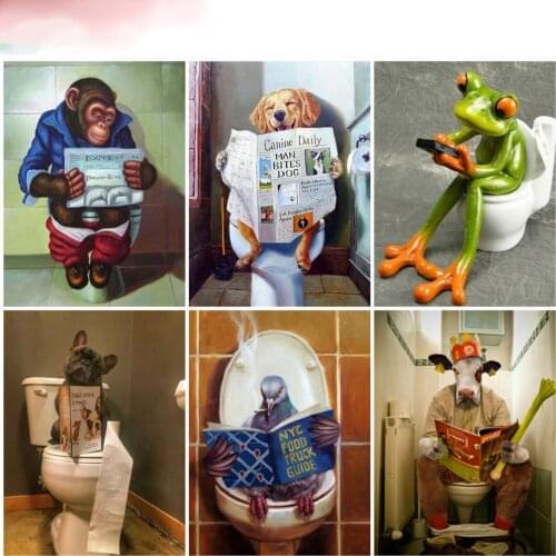 Bathroom Wc Decor Diamond Painting Kit Animal Dog Reading Newspaper Diamond Painting Adult Crafts Jewel Cross Stitch Accessories