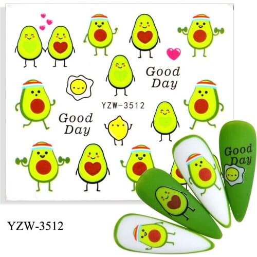 Water transfer nail sticker for nail art decoration flora leaves butterfly fruit cartoon avocado ultra thin foil nail wrap FW086