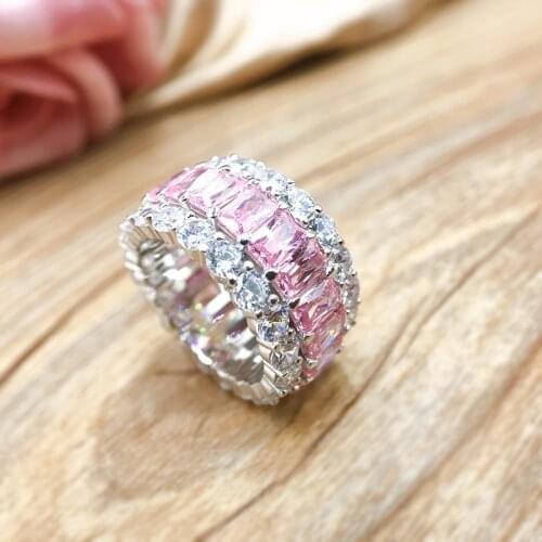 Vintage 100% 925 Sterling Silver Created Moissanite Pink Crystal Gemstone Ring Luxury Wedding Diamond Fine Jewelry