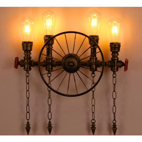 Retro American Industrial Vintage Light Balcony Restaurant Bar Wall Lamp Iron Wheel Water Pipe Wall Light Sconce