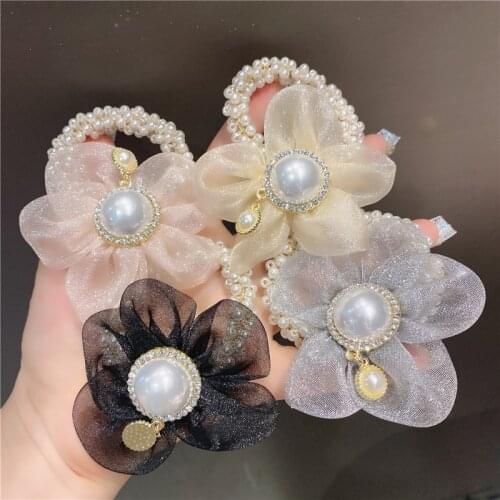 Camellia Flower Pearl Elastic Hair Band For Women Lace Hair Ties Korean Hair Accessories For Girls Hair Rubber Band