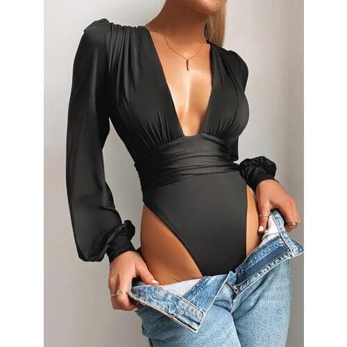 Women Deep V Neck Bodysuit Sexy Puff Sleeve Slim Bodycon Bodystocking Solid Elastic Casual Cocktail Party Bodysuits Body Tops