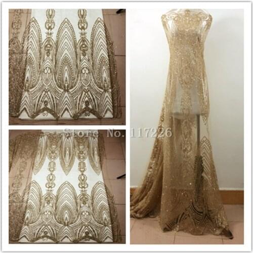 Gold color New style African tulle mesh lace fabric for party dress French net lace fabric with glued glitter