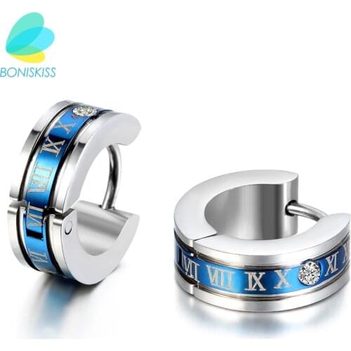 1 pair Fashion Mens Stainless Steel Earring Roman Numeric Engrave Hoop earring For Boys Gold Blue Black Colors brincos argola