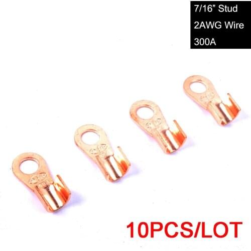 10PSC/LOT Truck Boat Copper Battery Terminal Lugs Connection Kit Upto 2AWG Wire 7/16" Stud Ring 300A for Electrical Solar System