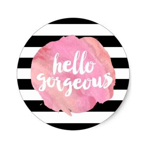 3.8cm Hello Gorgeous Black Stripe & Pink Watercolor Classic Round Sticker