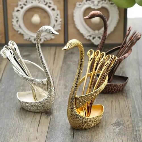 7Pcs Swan Fruit Base Holder Spoon Set Salad Dessert Coffee Cake Tableware Delicate Gift Kitchen Decor Flatware Spoon Fork Set