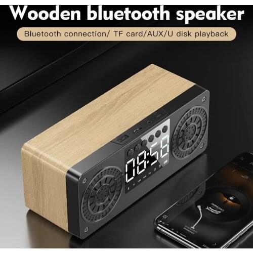 Wireless Wooden Clock Bluetooth Dual Speaker U disk TF Card FM Radio Portable Audio HIFI Bass PC Phone Column Speaker