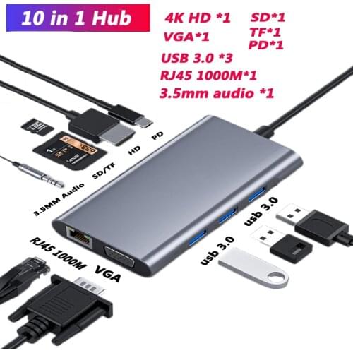 Hub Usb C Dock Station Type C Hdmi 4K VGA RJ45 SD/TF Card Reader USB 3.0 Hub 3.5mm Jack Audio Video For MacBook Adapter Hub