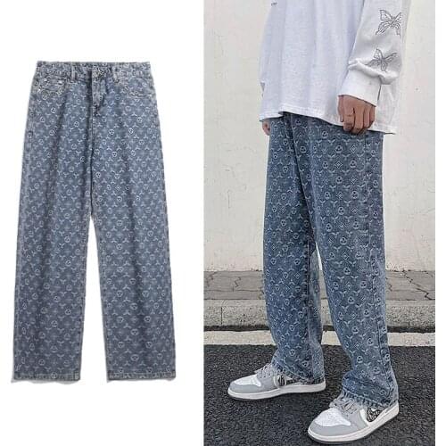 Hip Hop Jacquard Jeans Men Brand Designer Harajuku Printed Wide leg Denim Pant Mens Streetwear Loose Straight Cowboy Trousers
