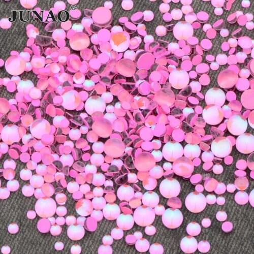 JUNAO 1440pcs New Mix Size Light Pink AB Half Round Glass Rhinestone Flatback Nail Art Crystal Stones Non Hot Fix Strass Beads