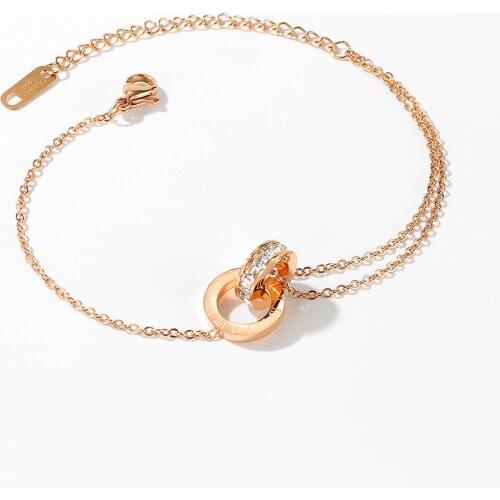 Korean Fashion Titanium Steel Double Ring Inlaid Zircon Roman Digital Bracelet Womens Simple Rose Gold