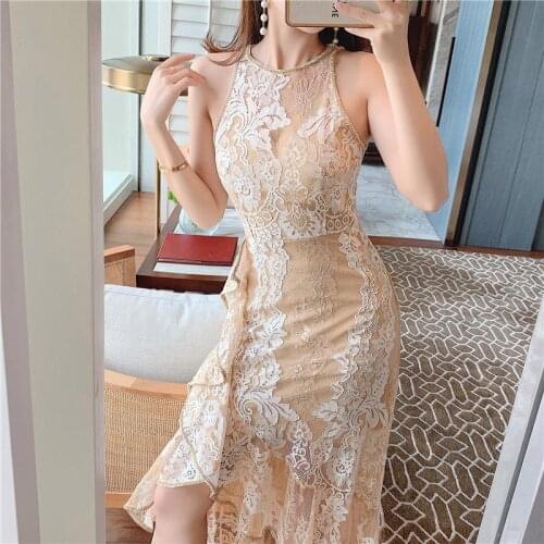 2021 Lace Mermaid Dress Crystal Chain O-Neck Sleeveless Halter Ruffle High Waist Patchwork Irregular Dress Luxury Party Dress