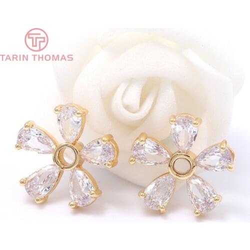 4PCS 13MM 24K Gold Color Plated Brass with Zircon Flower Bead Caps Charm Pendants for DIY Jewelry Making Findings Accessories