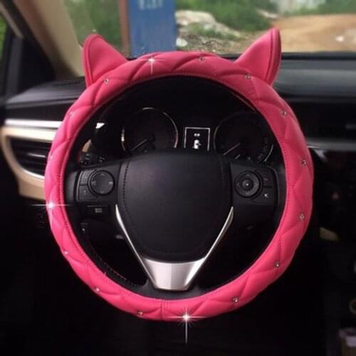 Cute Ear Design Leather Steering Wheel Cover Studded Rhinestone Covered Pink Car Steering Wheel Cover For Girls New
