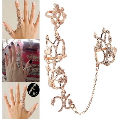 Fashion Silver Plated Gold Multiple Finger Band Crystal Flower Ring Womens Gothic Jewelry Gift