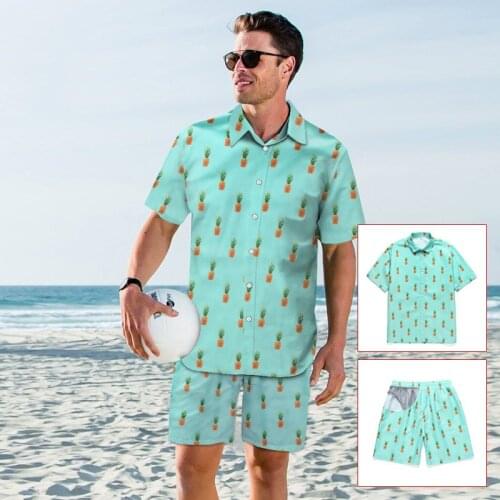 New Summer 3D Pineapple Print Men Loose Hawaiian Shirt+Beach Shorts Set 2020 Button Down Short Sleeve Party Holiday Shirt Suits