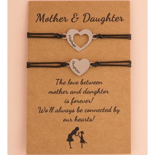 New Stainless Steel Heart-shaped Black Label Lettering Wax Thread Weaving Adjustable Mothers Day Card Bracelet Jewelry