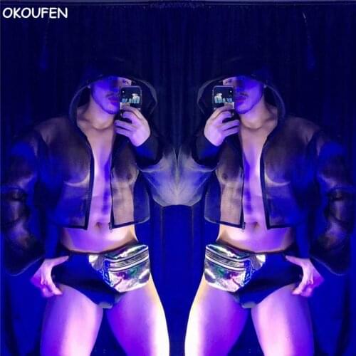 Nightclub bar ds men and women gogo muscle clothing perspective black mesh hip hop coat leader team dance costumes