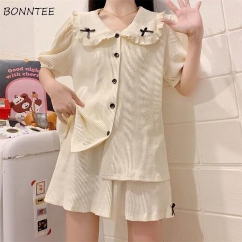 Pajama Sets Women Leisure Elegant All-match Fashion Nightwear Summer New Lovely Bow Female Korean Style Sleepwear Cozy Stretchy