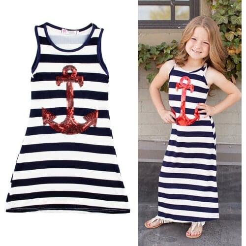 Pop Toddlers Girls Sequins Anchor Beach Party Dress Stripes Maxi Sundress