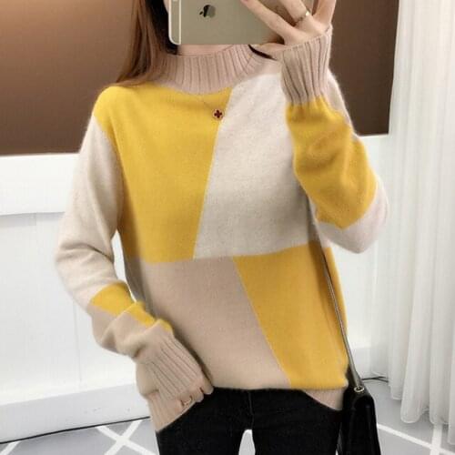 Autumn Winter Patchwork Turtleneck Pullover Women Korean Style Loose Knitted Sweater Female Aesthetic Tops Dropshipping 2021