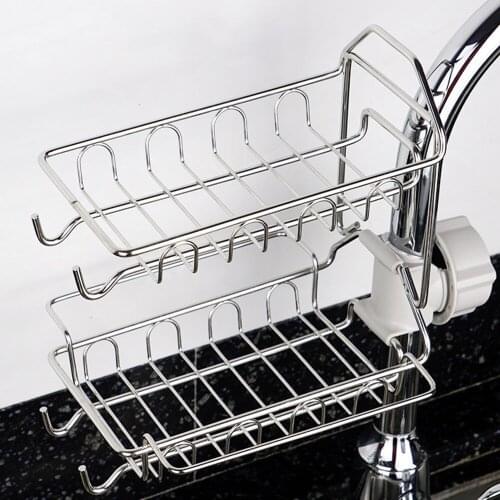 Sink Storage Rack Kitchen Faucet Drain Shelf Sponge Dishcloth Towel Holder Stainless Steel Bathroom Organizer With 2 Hook