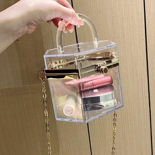 2021 New Ladies Transparent Acrylic Clip PVC Box Bag Mini Portable Jelly Bag Lipstick Bag Chain Shoulder Messenger Female Bag