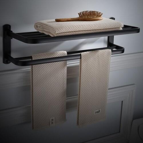 Vidric Bathroom Towel Rack with Two Bars Aluminum Black Towel Holder Folding Wall Mounted 50-60CM Towel Rail Holder Towel Hanger