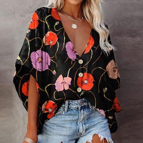 2021 Summer Women Blouse Sexy V-Neck Button Tops Floral Print Loose Harajuku Shirts Ladies Fashion Bat Sleeve Casual Blusa 5XL